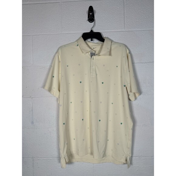 Nike‎ Golf Polo Men L Pale Yellow Dri-Fit Icon Shield Print Shirt Light Stain - Picture 1 of 6